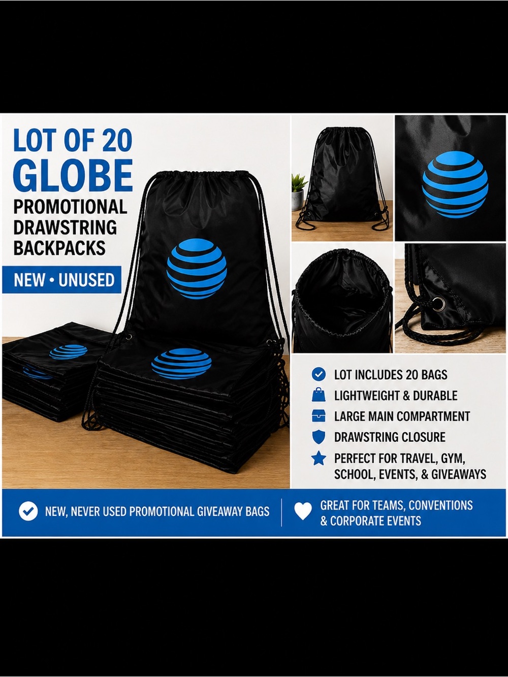 Lot of 20 AT&T Globe Drawstring Backpack Cinch Bags Bulk Event Corporate New⁠